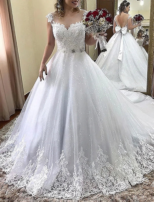 Ball Gown Sweetheart Satin Cap Sleeve Train Wedding Gown - Yihuiw by Yihuiw