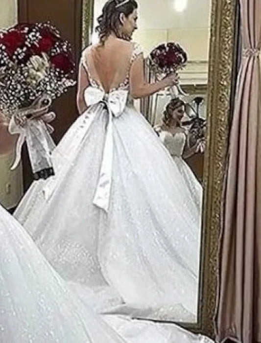 Ball Gown Sweetheart Satin Cap Sleeve Train Wedding Gown - Yihuiw by Yihuiw