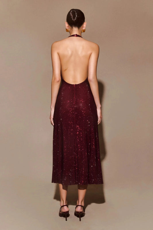 Sparkly Sheath Halter Neck Sleeveless Open Back Midi Prom Dress by YiHuiw