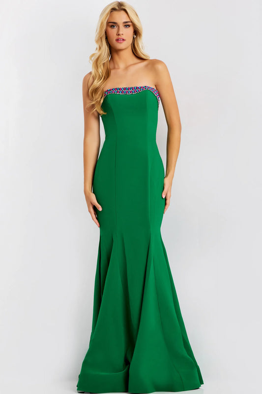 Sparkly Beaded Strapless Evening Dress with Mermaid Silhouette and Flared Train