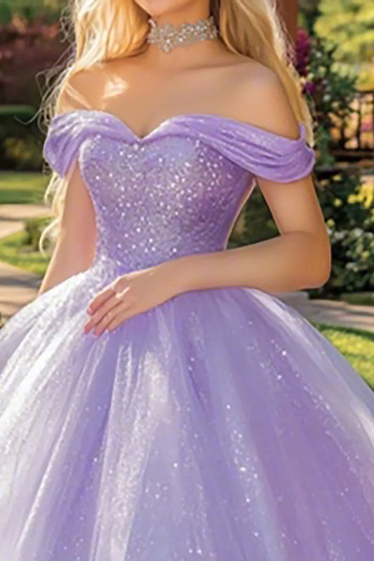 Lavender Off-the-Shoulder Glitter Tulle Ball Gown Prom Dress with Beaded Corset Bodice