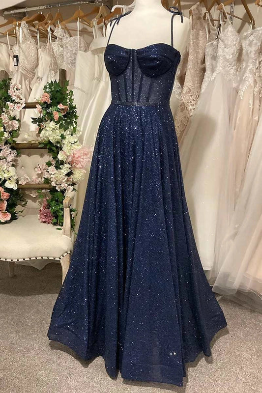 Sparkly Navy Blue Sequin Tie-Strap A-Line Prom Dresses Long simple gentle atmospheric and unique desi Bring summer colors to enhance whiteness by YiHuiw