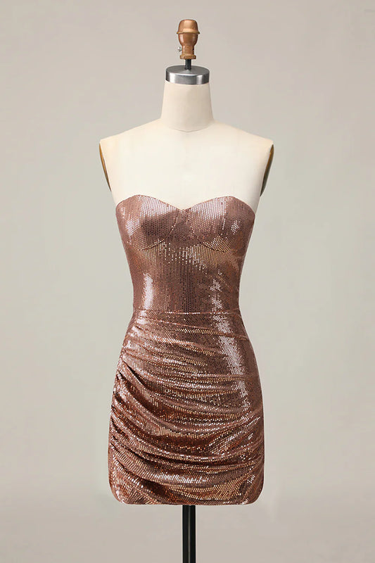 Rose Gold Sequin Strapless Homecoming Dress with Ruched Bodycon Silhouette