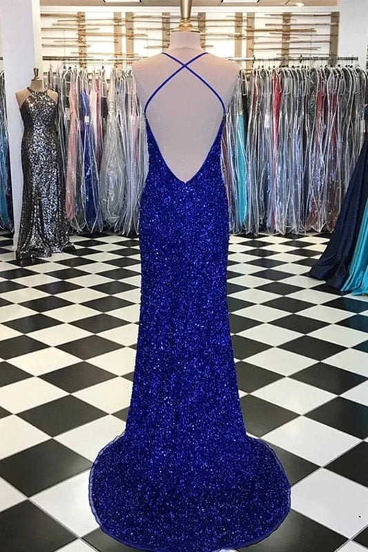 Sparkly Sheath Royal Blue Prom Dresses Evening Dresses with Slit simple gentle atmospheric and unique desi Bring summer colors to enhance whiteness by YiHuiw