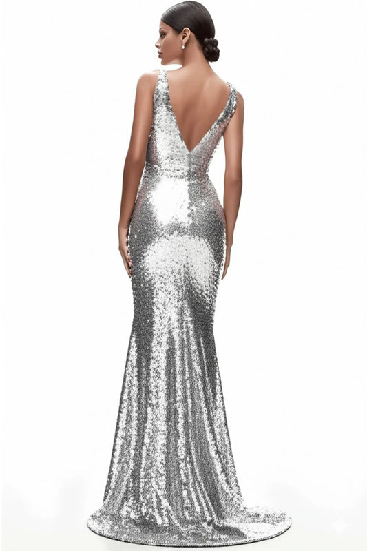 Mermaid V-Neck Spaghetti-Strap Open-Back Floor-Length Evening Dress