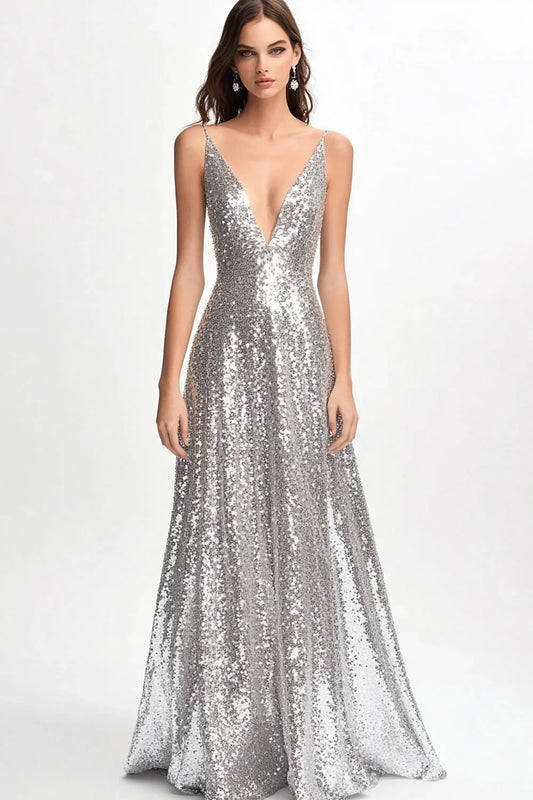 A-Line V-Neck Spaghetti-Strap Open-Back Floor-Length Evening Dress