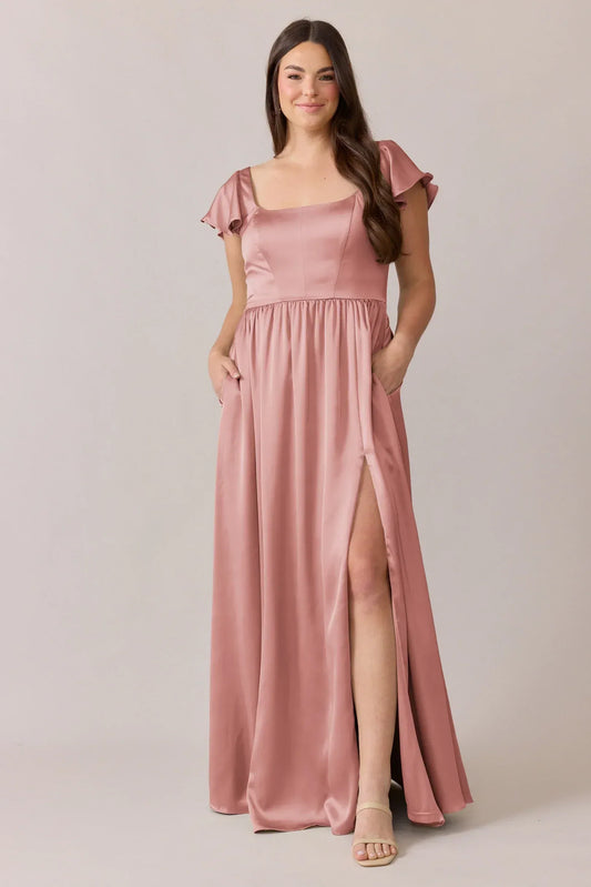 A-Line Square Neck Satin Cap Sleeve High Slit Wedding Dress - Yihuiw by Yihuiw