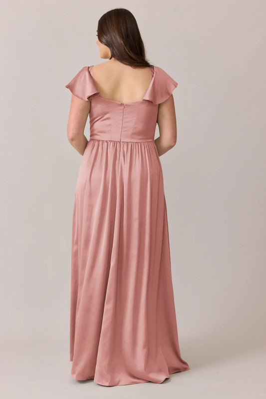 A-Line Square Neck Satin Cap Sleeve High Slit Wedding Dress - Yihuiw by Yihuiw