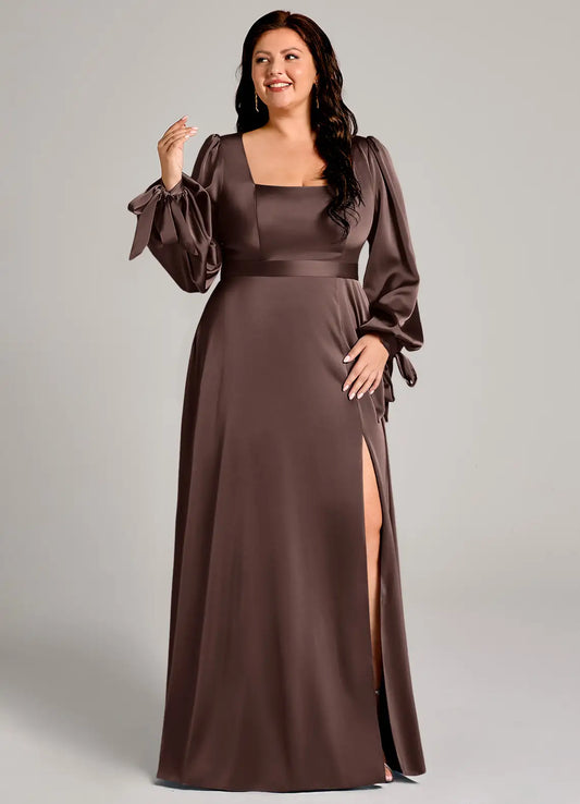 Square Neck Long Sleeve High Slit Floor-Length Wedding Dress - Yihuiw by Yihuiw