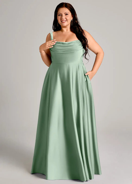 Square Neck Satin Pleated Floor-Length Wedding Dress - Yihuiw by Yihuiw