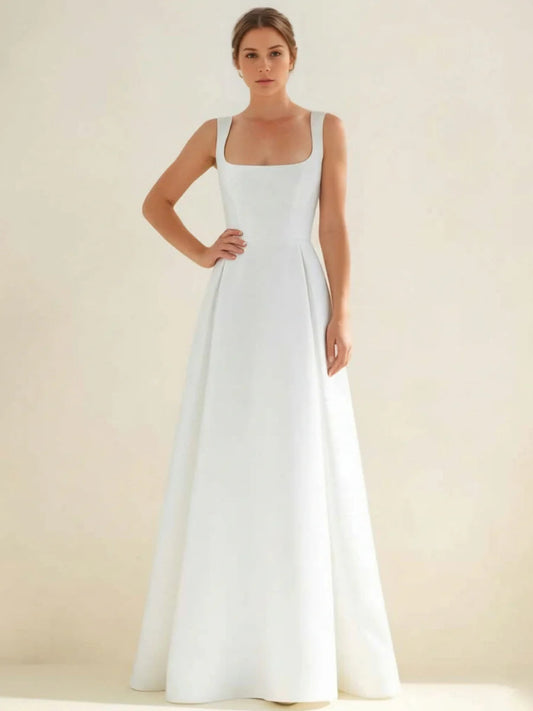 Square-Neck Satin Wedding Dress with Wide Straps, Pleated Ball Dress Skirt & Low Back