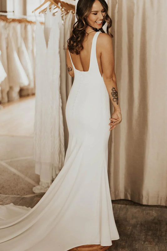 Square Neck Crepe Wedding Dresses with Deep Open Back, Covered Button Closure and Mermaid Silhouette Bridal Dress