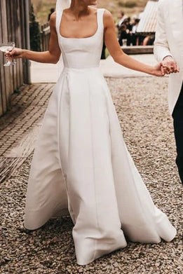 Square Neck Satin Wedding Dresses with Low V-Back, Covered Button Closure and Voluminous A-Line Skirt Bridal Gown