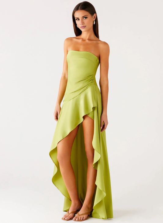Statement-Making A-Line Off the Shoulder Neck Strapless Asymmetrical Ruffle High-Low Prom Dress