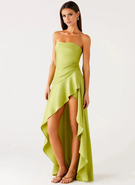 Statement-Making A-Line Off the Shoulder Neck Strapless Asymmetrical Ruffle High-Low Prom Dress by YiHuiw