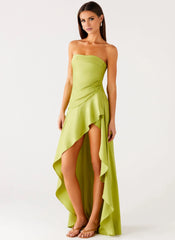 Statement-Making A-Line Off the Shoulder Neck Strapless Asymmetrical Ruffle High-Low Prom Dress