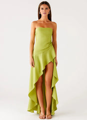 Statement-Making A-Line Off the Shoulder Neck Strapless Asymmetrical Ruffle High-Low Prom Dress