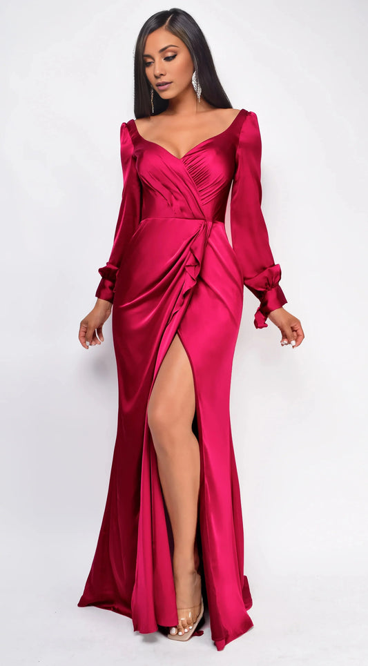 Statement-Making Fuchsia Satin Long-Sleeve V-Neck Ruched High-Slit Floor-Length Evening Dress by YiHuiw