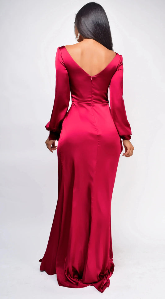 Statement-Making Fuchsia Satin Long-Sleeve V-Neck Ruched High-Slit Floor-Length Evening Dress by YiHuiw