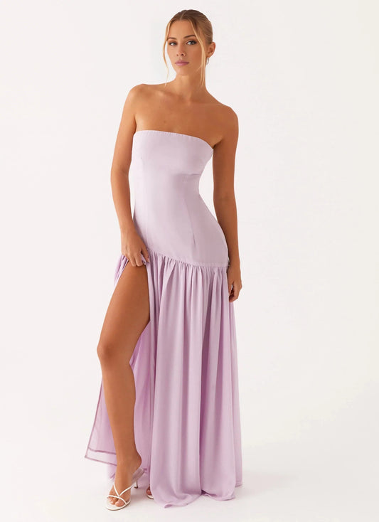 Statement-Making Off the Shoulder Neck Sleeveless Strapless Ruffled Side-Slit Floor-Length Prom Dress by YiHuiw