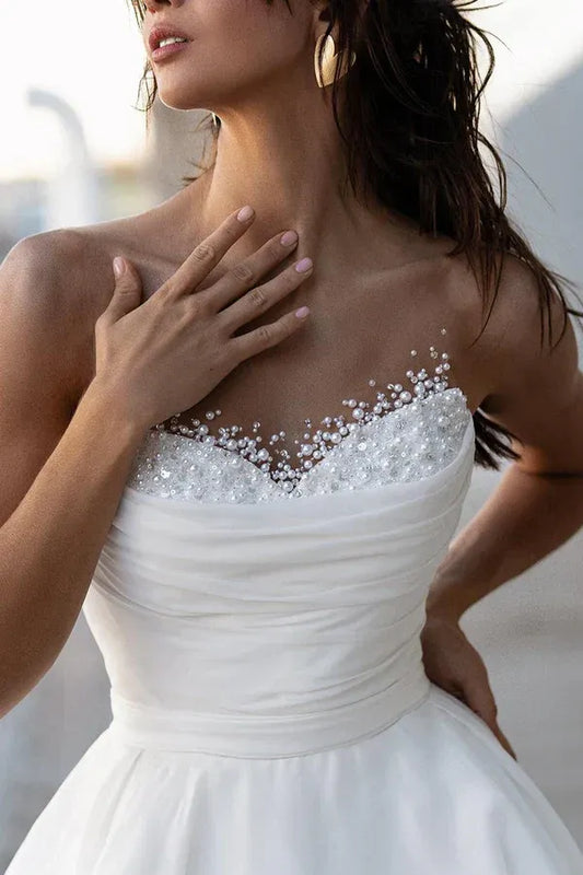 A-Line Sweetheart Chiffon Beaded Wedding Dress - Yihuiw by Yihuiw