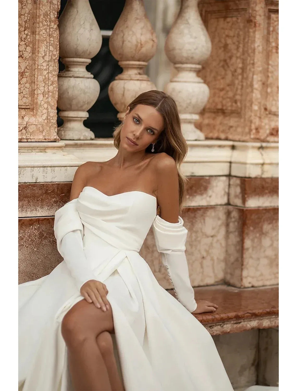 A-Line Strapless Crepe High Slit Wedding Dress - Yihuiw by Yihuiw
