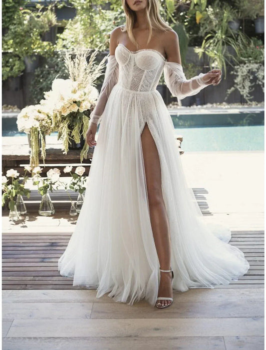 Strapless Tulle Lace-Up Back High Slit Wedding Dress - Yihuiw by Yihuiw