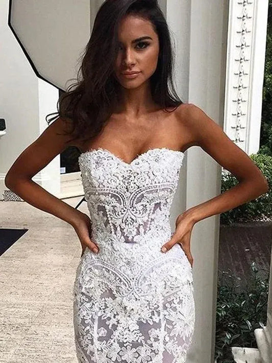 Mermaid Sweetheart Lace Train Wedding Dress - Yihuiw by Yihuiw