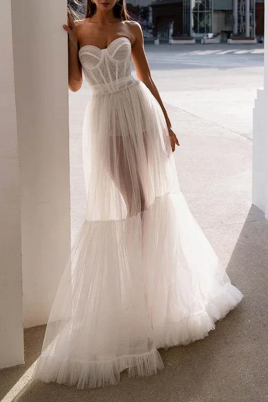 A-Line Sweetheart Tulle Lace-Up Back Ruffled Wedding Dress - Yihuiw by Yihuiw