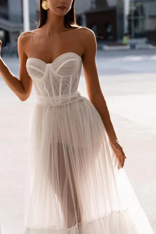 A-Line Sweetheart Tulle Lace-Up Back Ruffled Wedding Dress - Yihuiw by Yihuiw