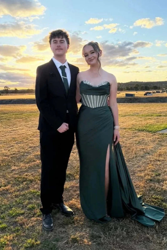 Satin Corset Prom Dresses Beaded Strapless High Slit Train Formal Evening Gown by JiMiss Dresses