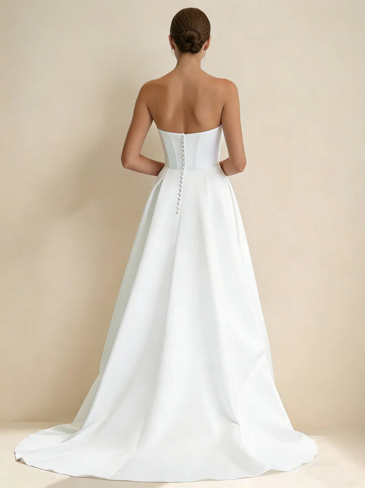 Strapless Cowl Neck Satin Wedding Dress with Corset Bodice, High Thigh Slit & A-Line Train