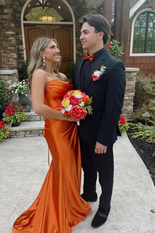 Strapless Satin Mermaid Prom Dress with Cowl Neck, Corset Bodice, Twist Front Detail & Lace-Up Back by JiMiss Dresses