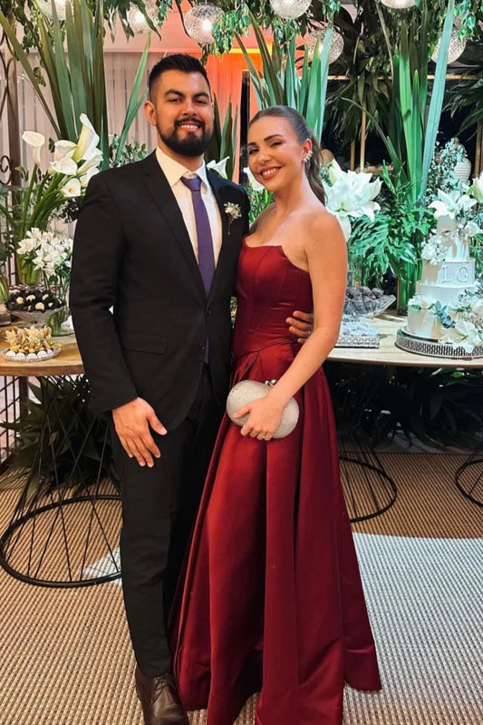 Strapless Satin Prom Dresses with Corset Bodice, Ball Gown Skirt and High Slit Formal Gown by JiMiss Dresses