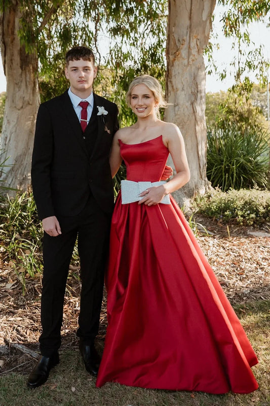 Strapless Satin Prom Dresses with Corset Bodice, Ball Gown Skirt and High Slit Formal Gown by JiMiss Dresses