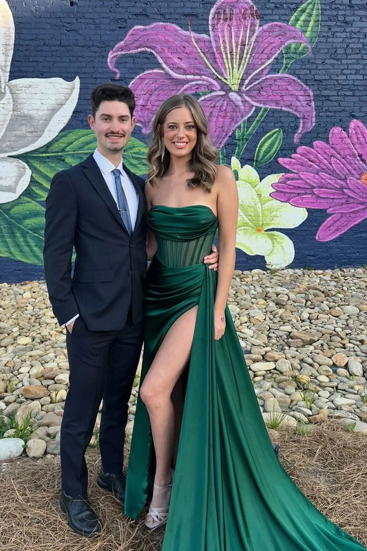 Strapless Satin Prom Dresses with Corset Bodice, Ruched Skirt, High Slit and Train Formal Gown by JiMiss Dresses