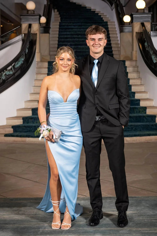 Strapless Satin Prom Dresses with Sweetheart Neckline, Ruched Waist, High Slit and Train Formal Gown by JiMiss Dresses