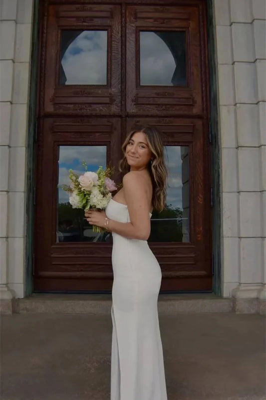 Strapless Satin Prom Dress with High Slit and Open Back by JiMiss Dresses