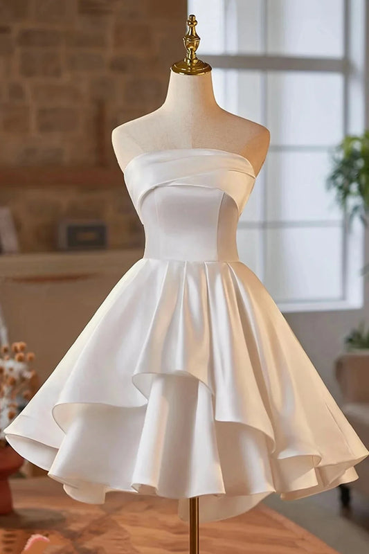 Strapless Satin Short Prom Dress White A-Line Evening Party Dress simple gentle atmospheric and unique desi Brin by YiHuiw