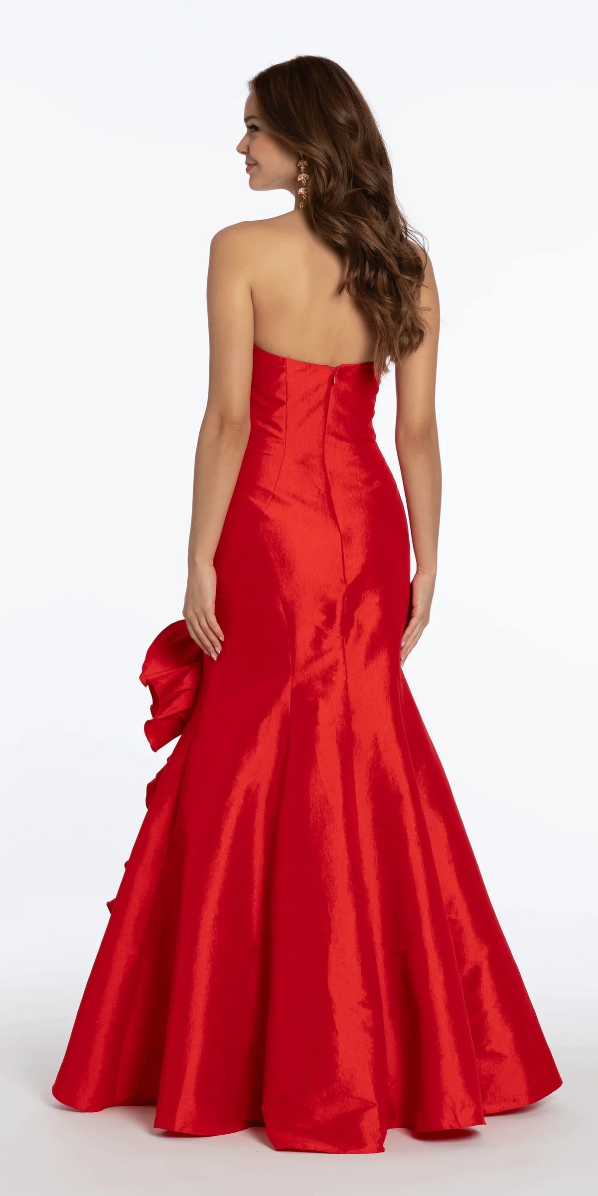 Vestidos de noche de satén sin tirantes con escote corazón, corte sirena y detalle de volante con flores 3D extragrandes