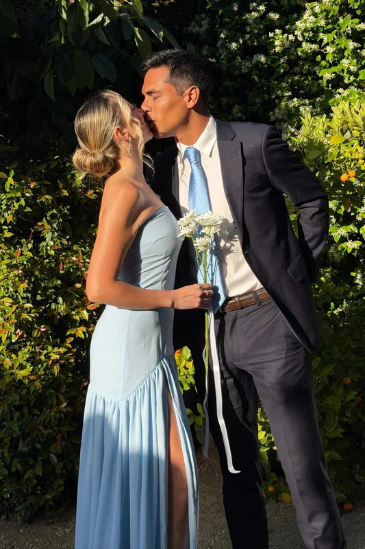 Strapless Tube Top Chiffon Prom Dress High Slit Drop Waist Flowy Long Formal Evening Wedding Guest Gown by JiMiss Dresses