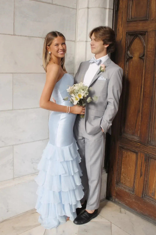 Strapless Satin Prom Dress with Layered Ruffle Mermaid Skirt & Mini Train by JiMiss Dresses