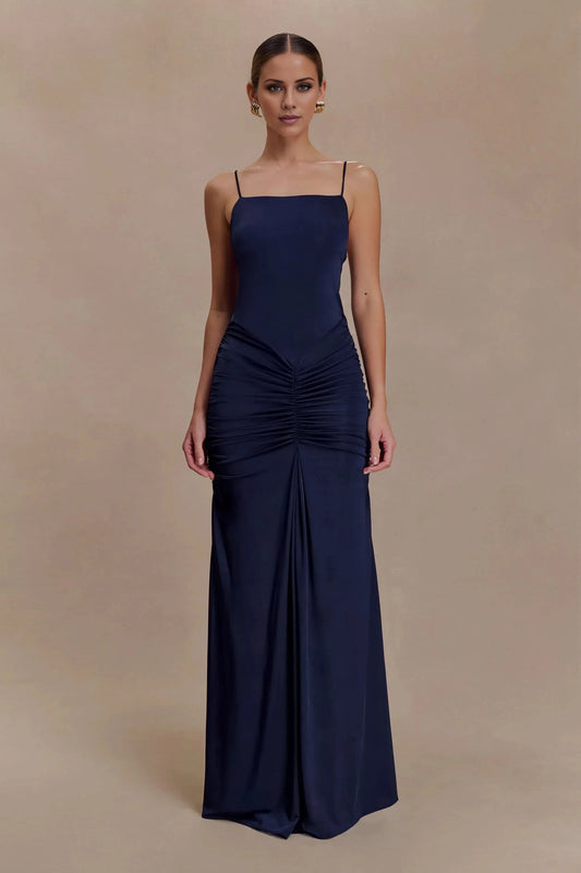 Streamlined Satin Spaghetti-Strap Square Neck Ruched Open-Back Floor-Length Evening Dress by YiHuiw