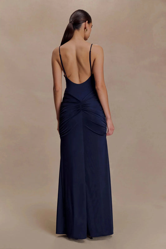 Streamlined Satin Spaghetti-Strap Square Neck Ruched Open-Back Floor-Length Evening Dress by YiHuiw