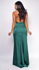 Streamlined Sheath Cowl Neck Spaghetti-Strap Plunging Open-Back High-Slit Floor-Length Evening Dress