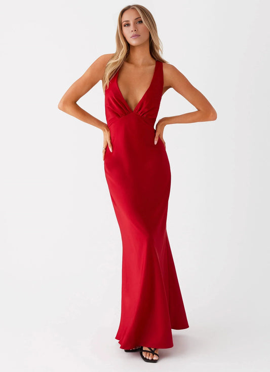 Streamlined V-Neck Sleeveless Cross-Back Mermaid Floor-Length Prom Dress by YiHuiw