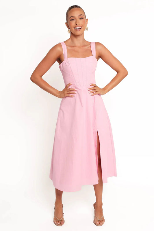 Square Neck Lace-Up Back High Slit Midi Wedding Dress - Yihuiw by Yihuiw