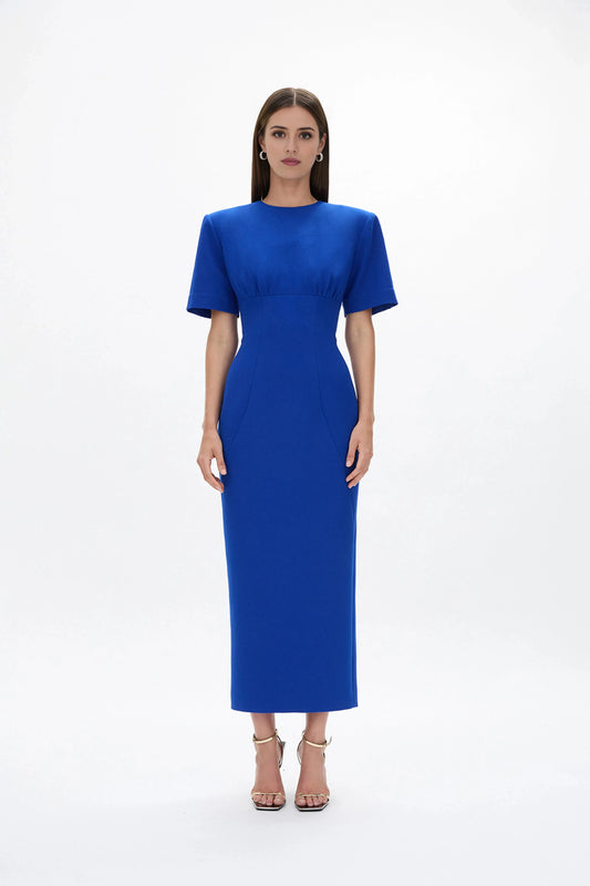 Structured Sheath Crew Neck Short Sleeve Zipper Back High Slit Midi Length For Sale Prom Dress by YiHuiw
