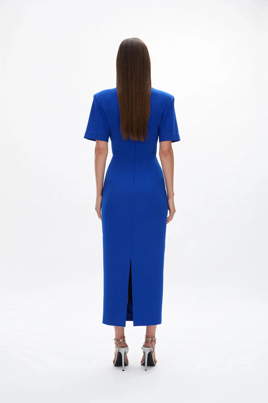 Structured Sheath Crew Neck Short Sleeve Zipper Back High Slit Midi Length For Sale Prom Dress by YiHuiw