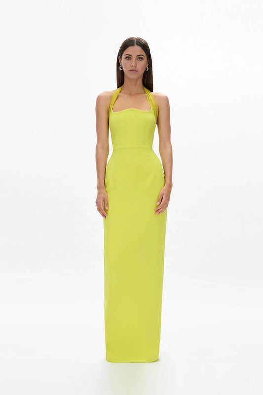 Structured Sheath Halter Neck Sleeveless Zipper Back High Slit Floor Length For Women Prom Dress by YiHuiw